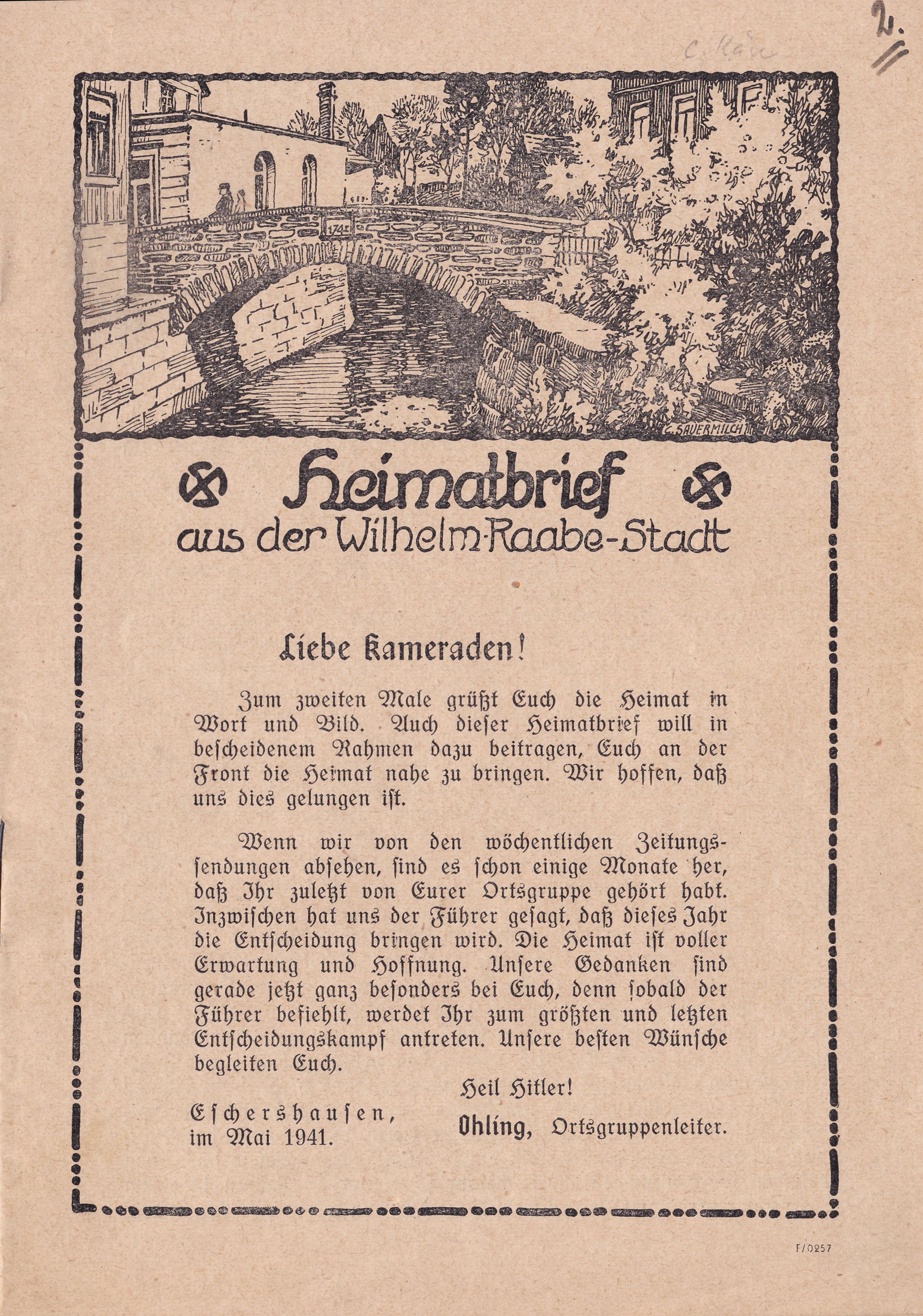 Frontseite des Eschershäuser Heimatbriefes vom Mai 1941